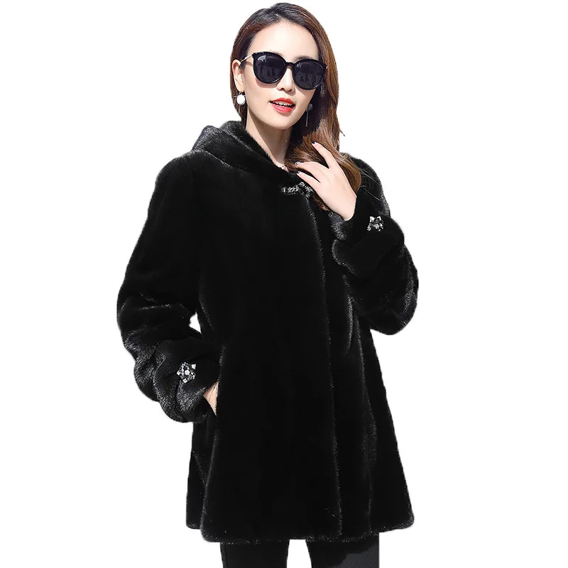 2023new Fur Women's Hooded Whole Mink Mid-length Diamond Casual Fashion Imitation Mink Korean Coat Office Lady Winter Skirt