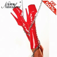 new style lace up buckle strap dancing shoes 20cm high heels round heels knee boots 8 inch red platform gladiator show nightclub