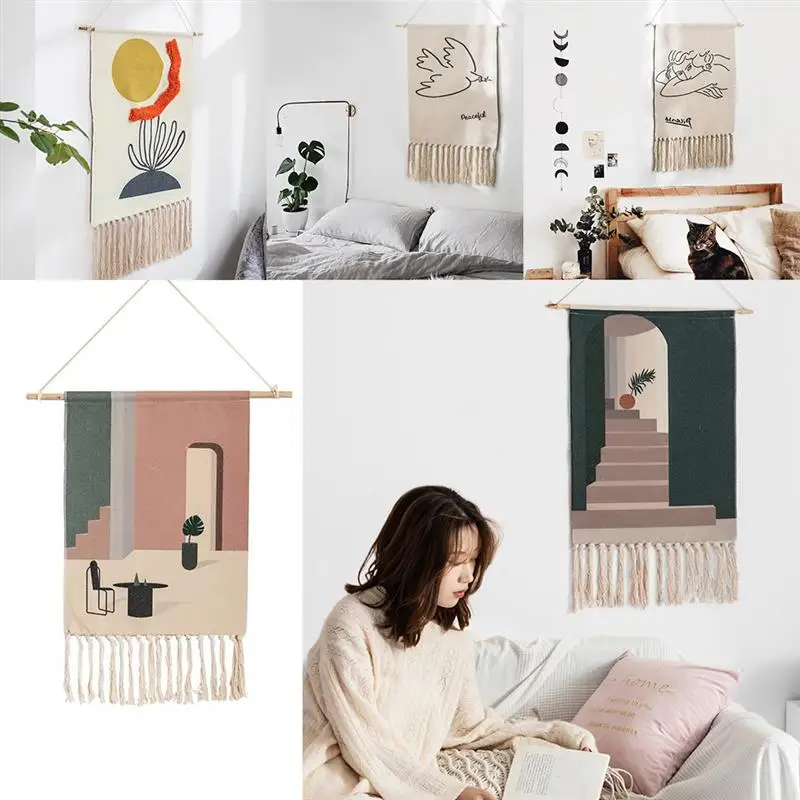

Nordic Style Cotton Thread Woven Printing Hand-Knotted Tassel Tapestry Wall Decoration Home Decoration Wall Decoration