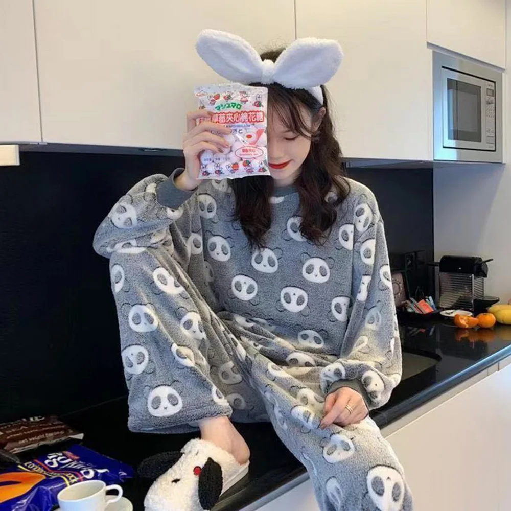 

Pajamas Women Winter Flannel Long Sleeve Thickening Plus Velvet Coral Fleece Cute Autumn Winter Home Service Suit Pijama Female