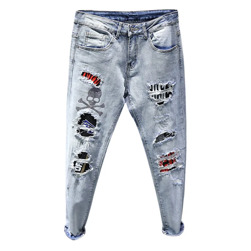 

DenimJeans 2021 Fashion men's beggar hole Skull hot drilling Korean feet pants personality teenagers students pencil jeans