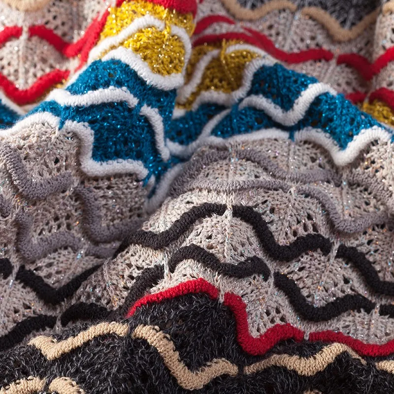 

Summer Rainbow Striped Hollow Out Two Piece Knitting Outfits Half Sleeve Hooded Loose Pullover Tees Elastic Waist Wrap Skirts