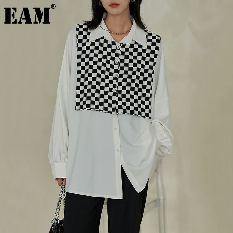

[EAM] Women White Plaid Big Size Casual Blouse New Lapel Long Sleeve Loose Fit Shirt Fashion Tide Spring Autumn 2022 1DE3694
