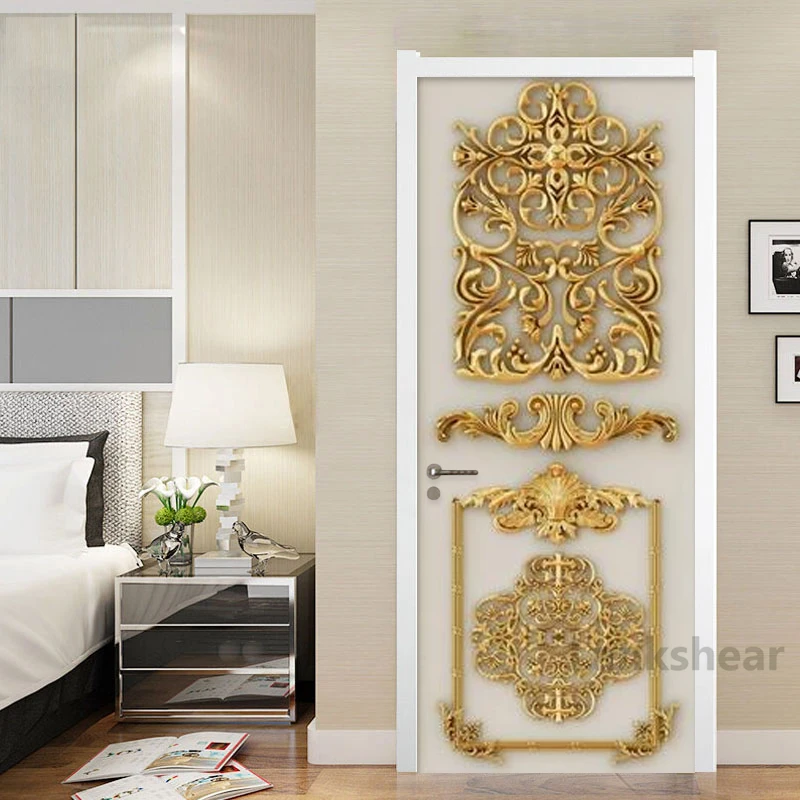 

Door Sticker 3D Stereo Golden Relief Carved Flower Wallpaper Living Room Bedroom Luxury Home Door Poster Pvc Waterproof Stickers