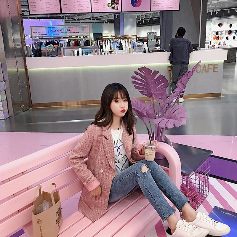 Женский винтажный блейзер в клетку розовый Свободный Повседневный простой