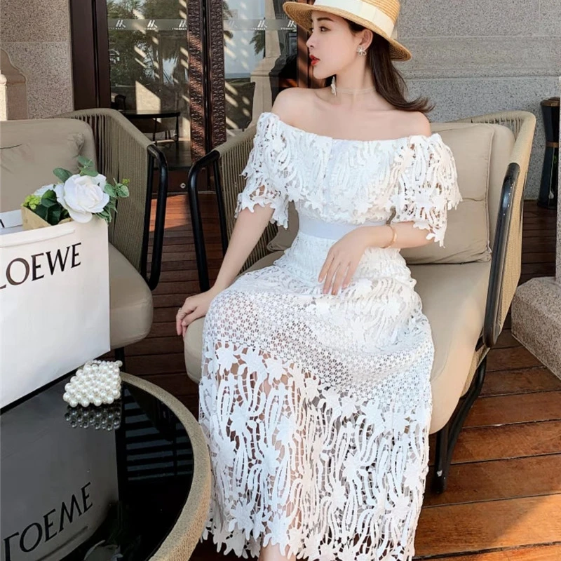 

2021 New Ladies Elegant Summer Lace Off The Shoulder Dress Women Casual Slash Neck Solid High Waist Mid-calf Dress