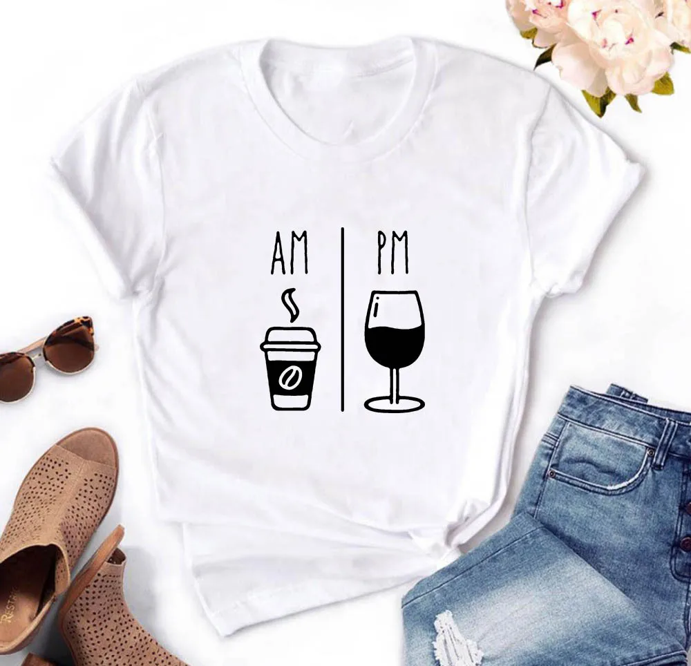 Женская футболка с коротким рукавом AM COFFEE PM WINE хлопковая свободная Черно-белая
