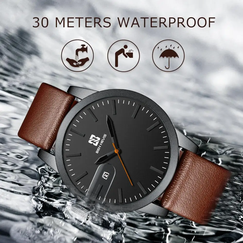 Модные Спортивные кварцевые мужские часы Ben evis с кожаным ремешком Роскошные