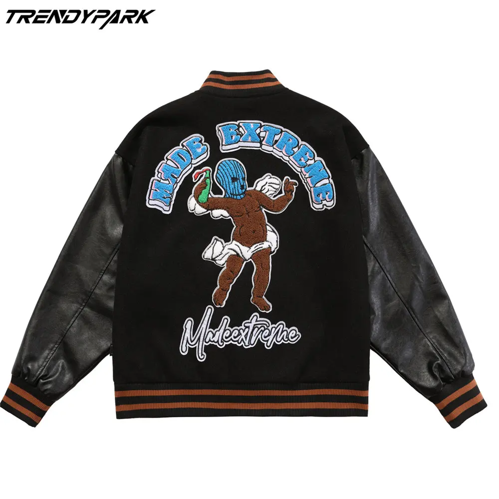 

Men's Jacket Leather Sleeve Baseball Uniform Funny Man Embroidery Fleece Fabric Harajuku Streetwear Casual American Vintage Coat