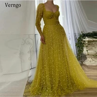 verngo luxury full pearls tulle a line evening dress sheer long sleeves boning fitted 2021 elegant prom dresses with pockets