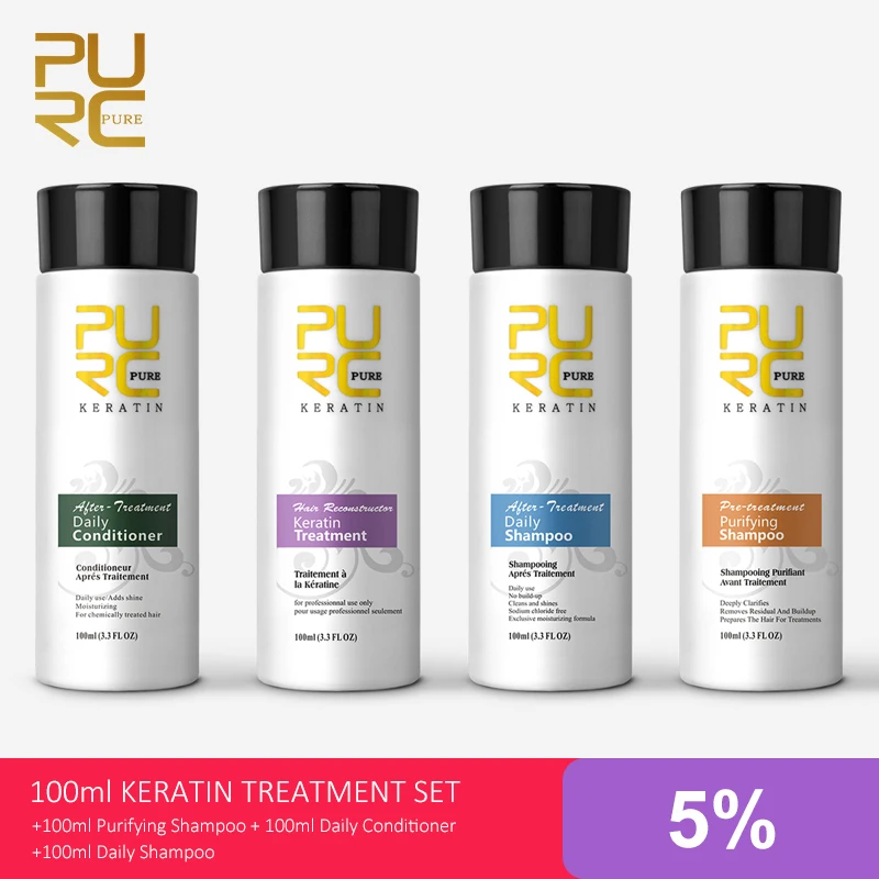 

PURC 4PCS Keratin Hair Treatment 5% Straightening Brazilian Smoothing Curly Dry Hair Shampoo Conditioner Hair Care Products Set
