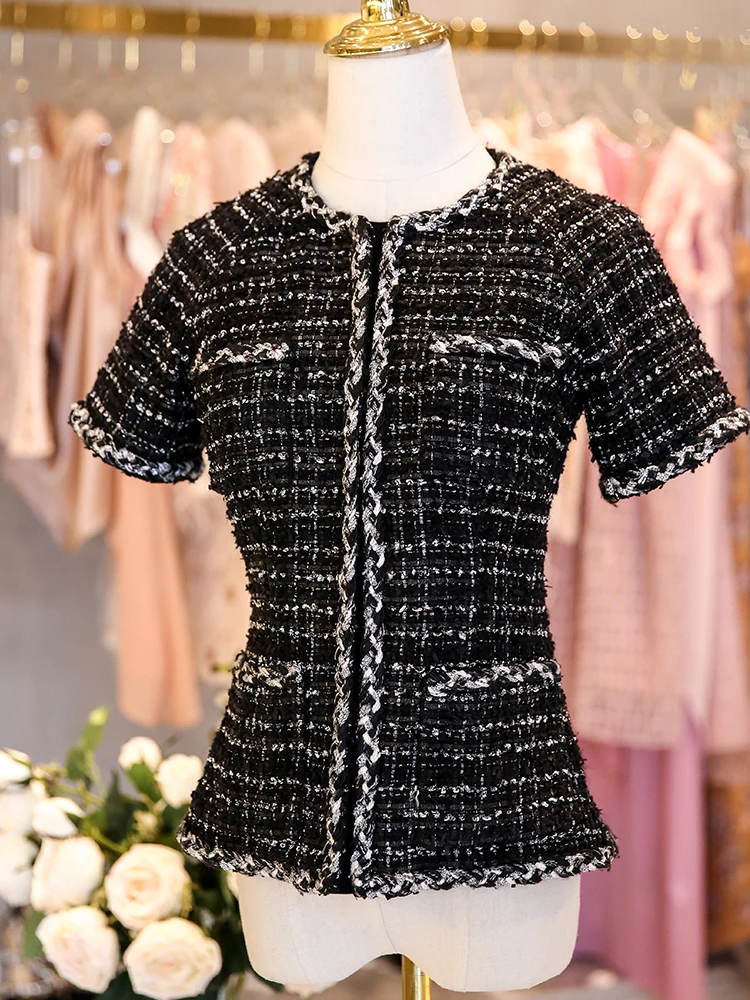 

women's 2021 early spring new fashion silver silk black woolen tweed small short coat round neck