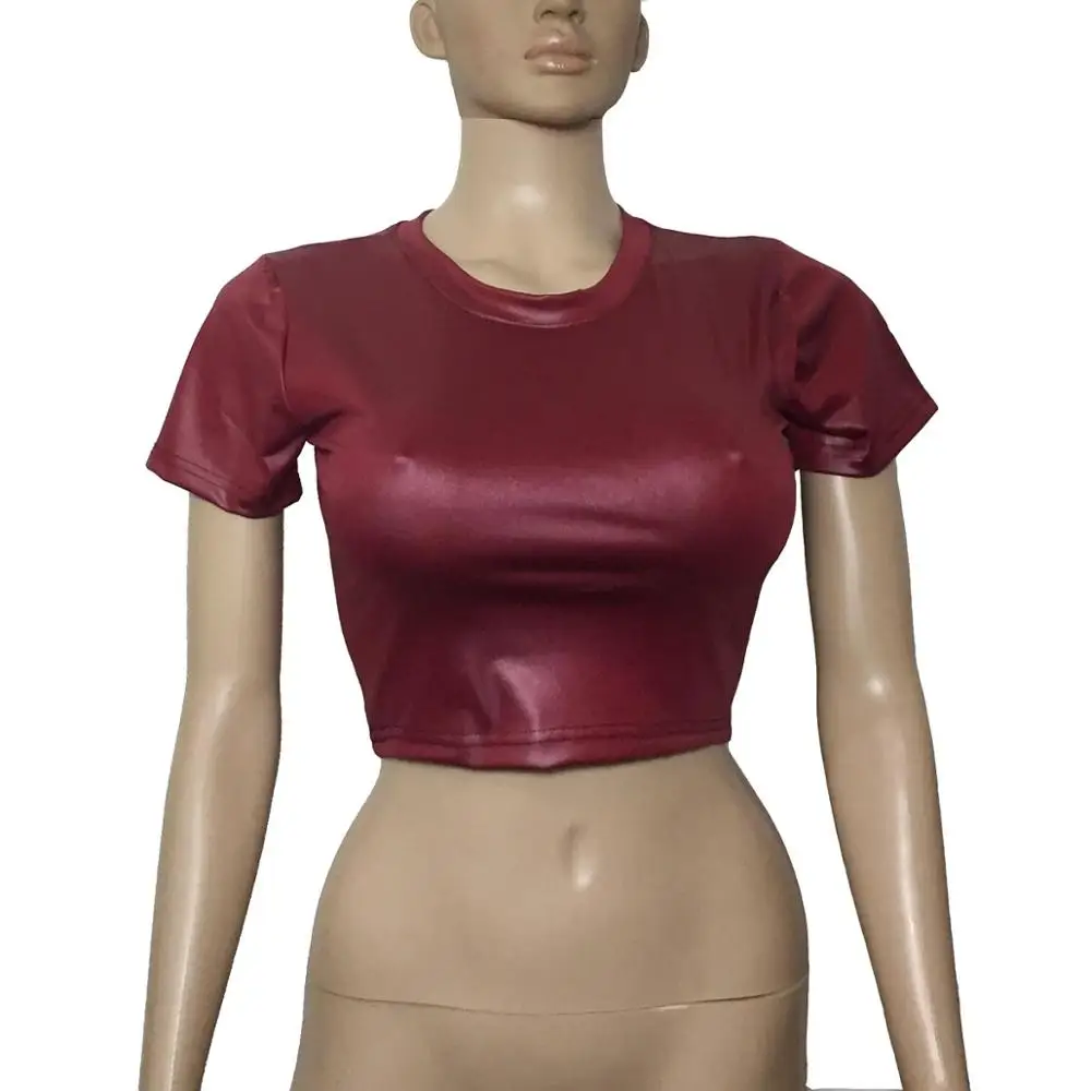 

Women Faux Leather T-Shirt Crop Tops Short Sleeve Sexy Punk Midriff Tee Clubwear Women Shirt