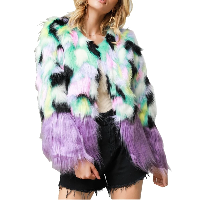 Меховое пальто женское пушистое теплое с длинным рукавом градиентного цвета