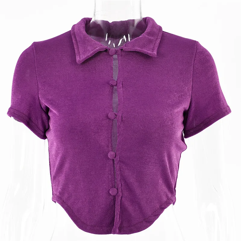 

Fantoye Single-breasted T Shirts Women Purple Short Sleeve Turn-down Collar Tops Women Summer Casual Streetwear Skinny T-Shirts