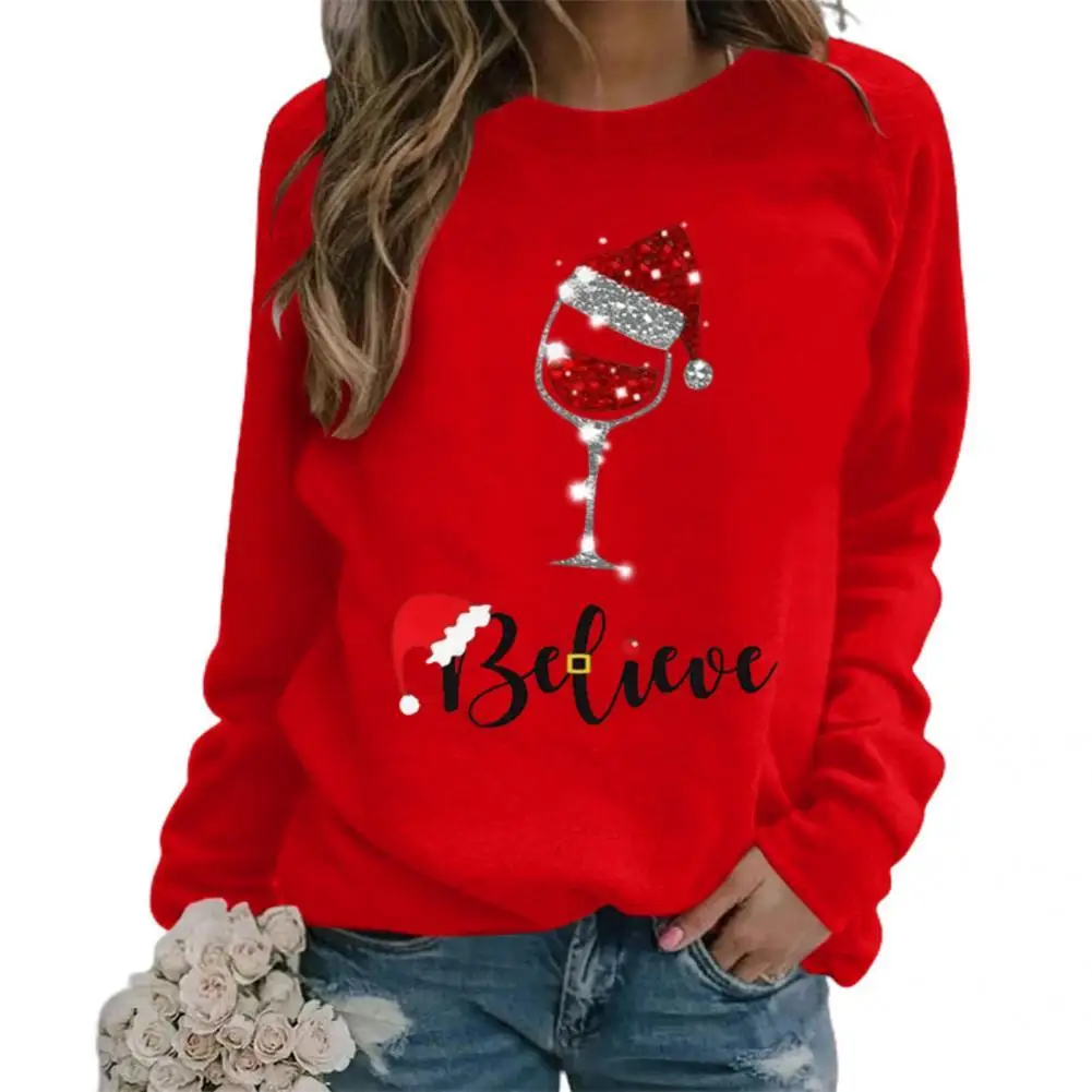

Casual Sweatshirt Classic Wine Cup Print Xmas Pullover Lightweight Xmas Pullover