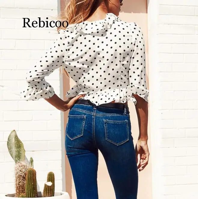 Женская рубашка в горошек свободные топы с V образным вырезом Женские