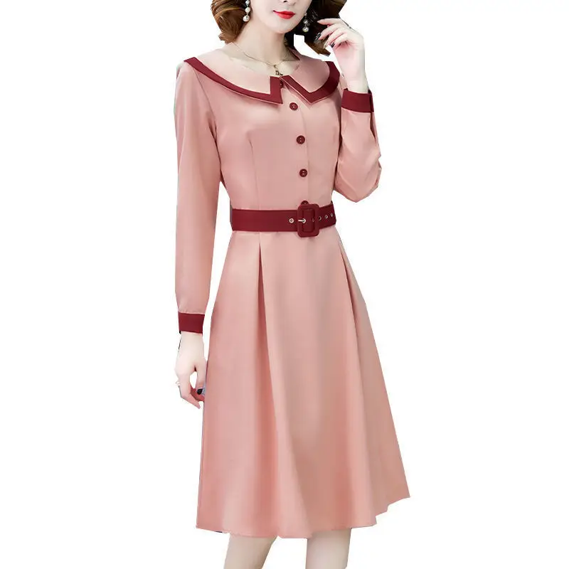 

Women's Spring Autumn Style Dress Women's Button Sashes Long Sleeve Peter Pan Collar Korean Casual Dress SS3596