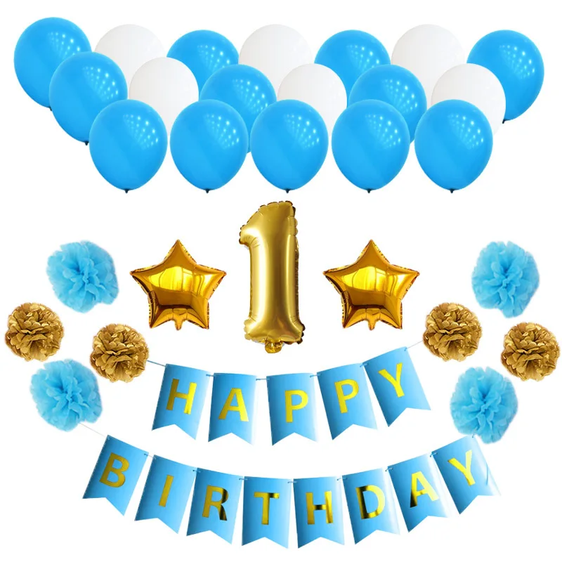 

1st С Днем Рождения украшения ювелирных изделий бумажная цветком и с бубоном, баннер воздушный шарик в форме звезды принадлежности для мален...