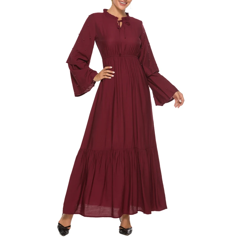 MISSJOY Elegant High Waist Abaya Turkish Dress Women Muslim Solid Color Ruffle Flare Sleeve Diamond Islamic Clothing Casual