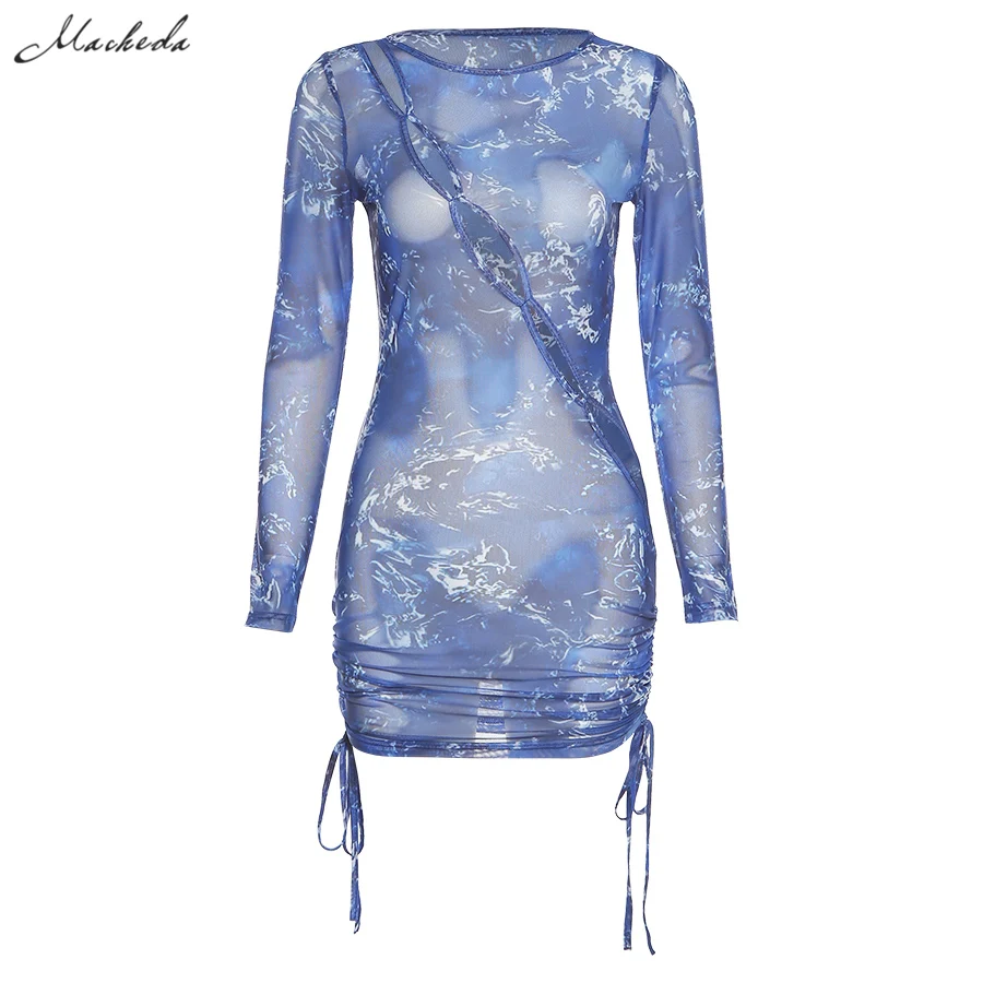 

Macheda Summer Sexy Mesh Hollow Out Slim Dress Women O Neck Long Sleeve Clothing Lady Fashion Drawstring Mini Dresses 2021 New