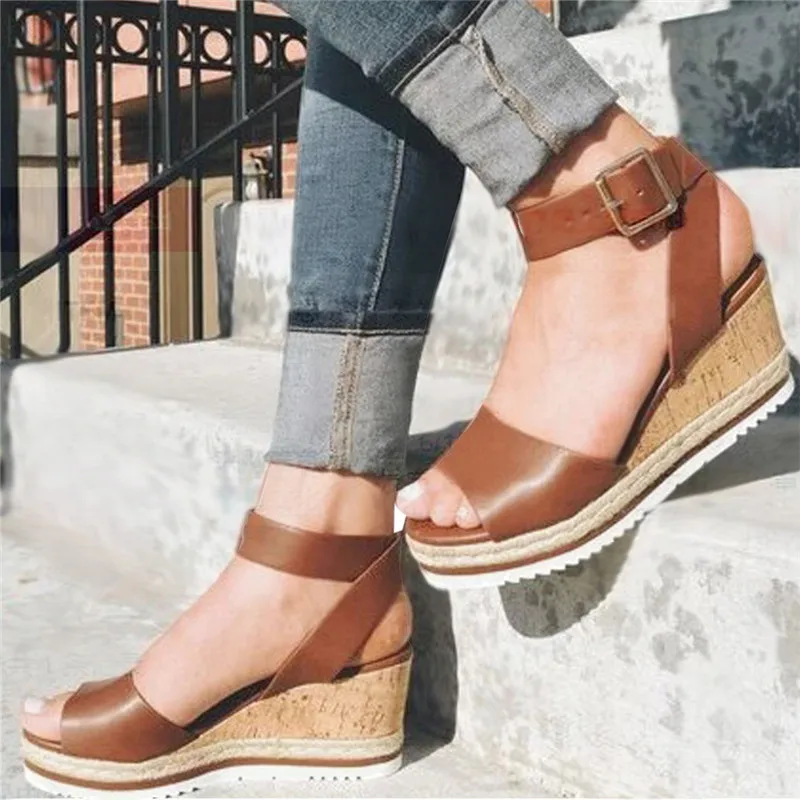 

Retro Womens Fashion Open Toe Ankle Platform Wedges Sandals Ladies Roman Buty Damskie Wedges Shoes Mujer
