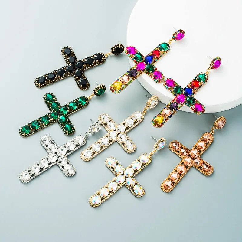 

Big Statement Cross Shape Long Colorful Crystal Cross Drop Earrings Full Rhinestones Pendant Jewelry Accessories For Women