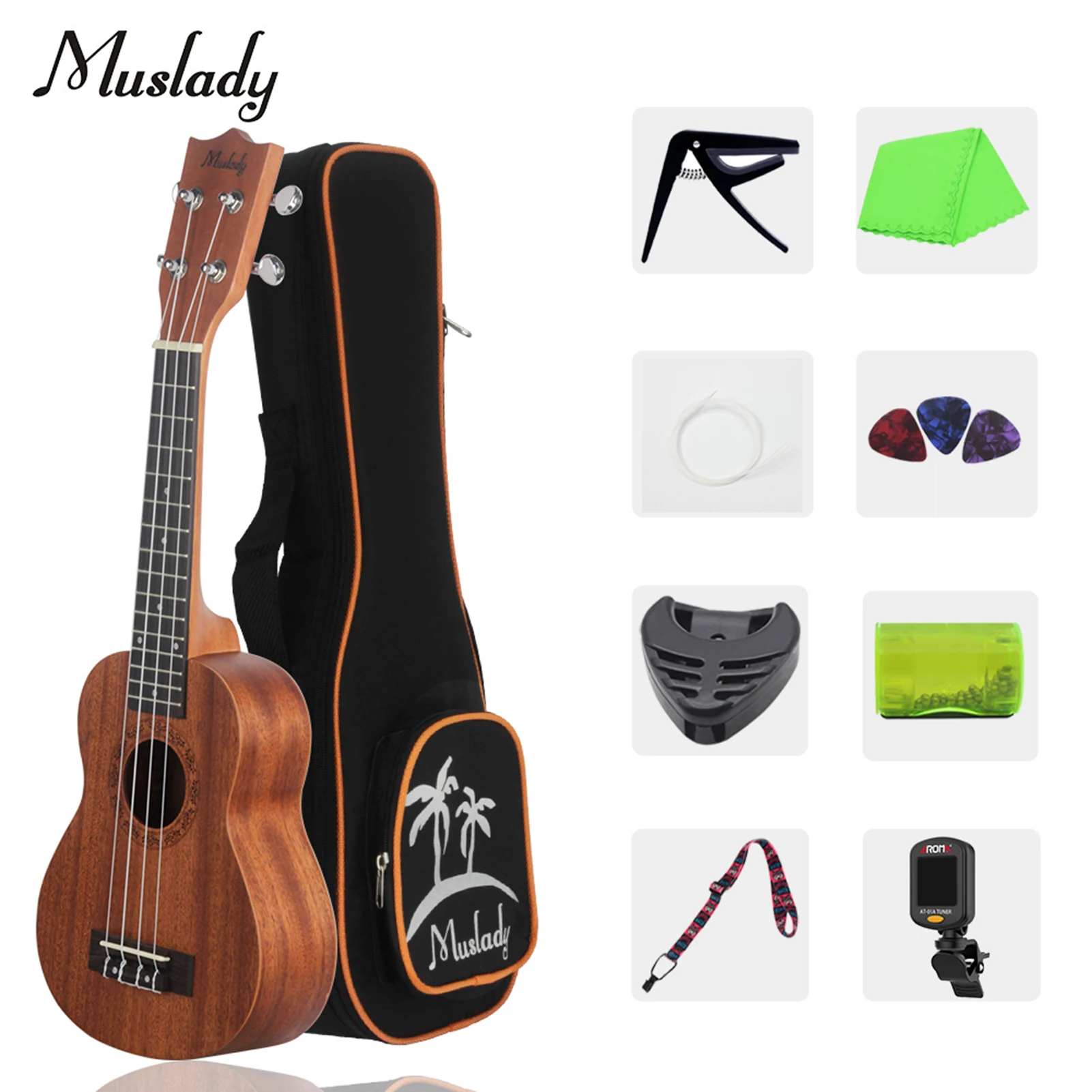 

Музыкальная укулеле Muslady, 23 дюйма, деревянная, с сумкой, ремешком, зажимом, тюнером, держателем для медиатора