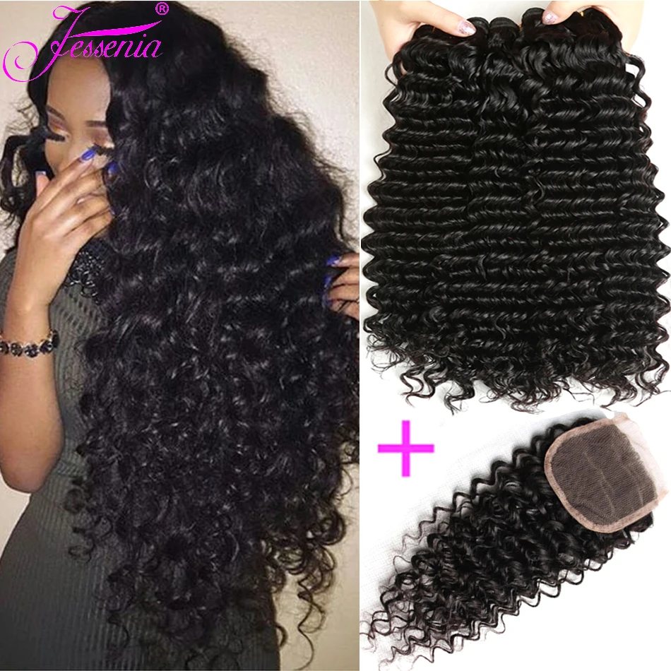 

JESSENIA 4PCS/LOT Peruvian Deep Curly Wave 3 Bundles With 4X4 Lace Closure Remy Wet and Wavy Hair With Human Hair Bundles 1B#