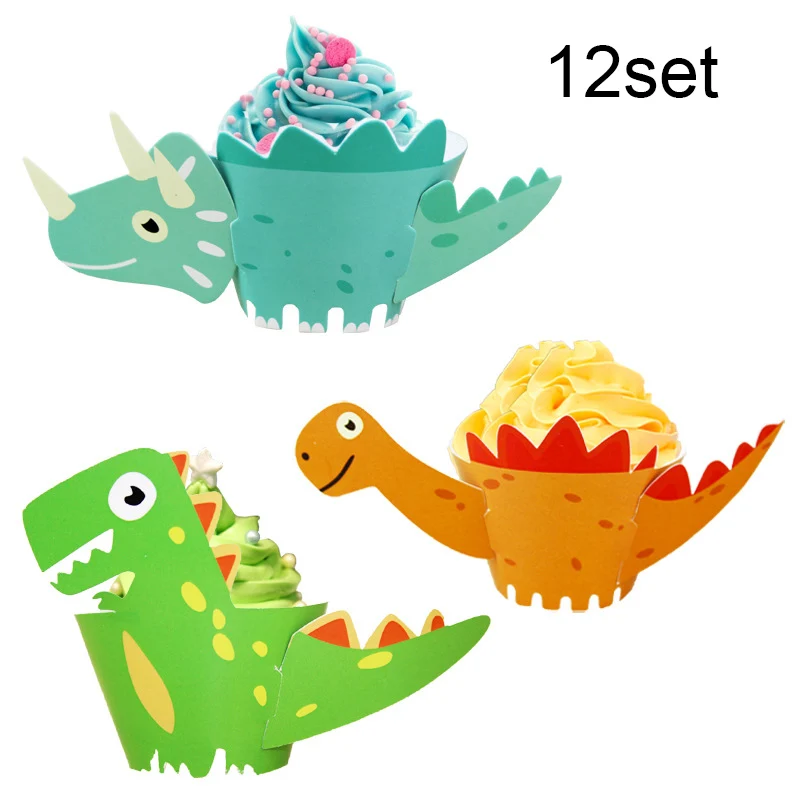 cupcake 12set Тематические праздничные бумажные тарелки с динозаврами/чашки/салфетки/баннер, соломенная скатерть с воздушным шаром для детей, декор для дня рождения, одноразовая посуда - Цвет: cupcake 12set