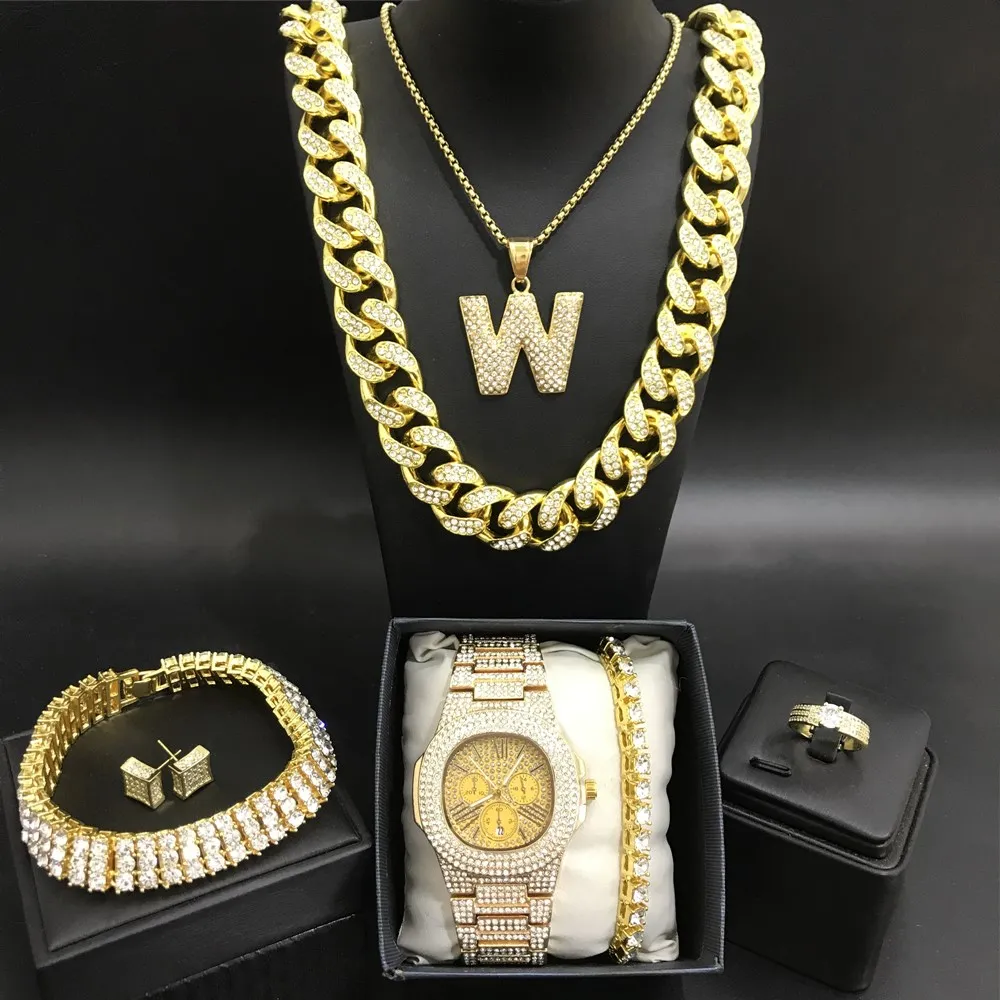 

Luxury Men Gold Watch & Necaklce & Braclete & Ring & Earrings Combo Set Ice Out Cuban Jewerly Crystal Miami Neckalce Chain