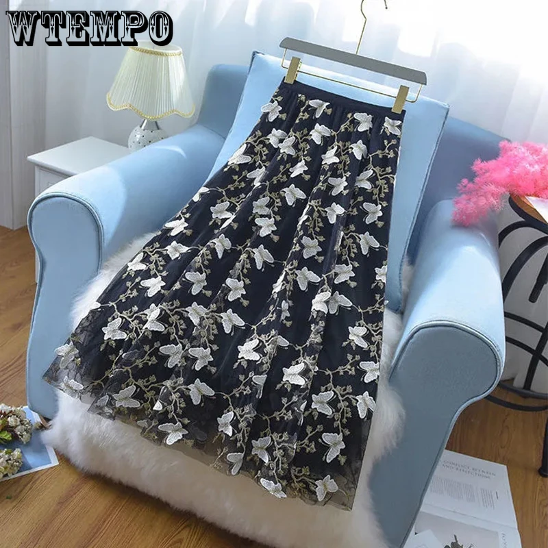 

Butterfly Embroidery Tulle Skirts 2021 Summer High Waist Elegant Long Gauze Skirt Koran Loose Plus Size Faldas Jupe Femme Floral