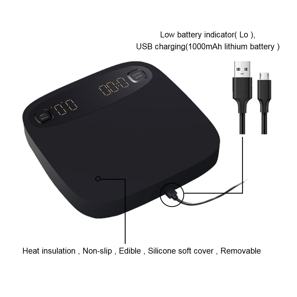 Electronic coffee scale and kitchen 2kg 0.1g LCD with timer usb charging weighing tool | Инструменты