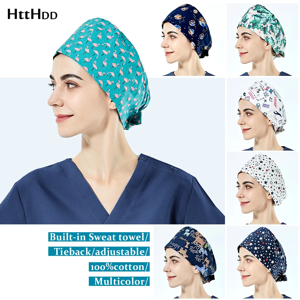 

High Quality cotton scrub hats Pet Health Service scrubs cap Long-haired woman cartoon printing Elastic operating hats unisex