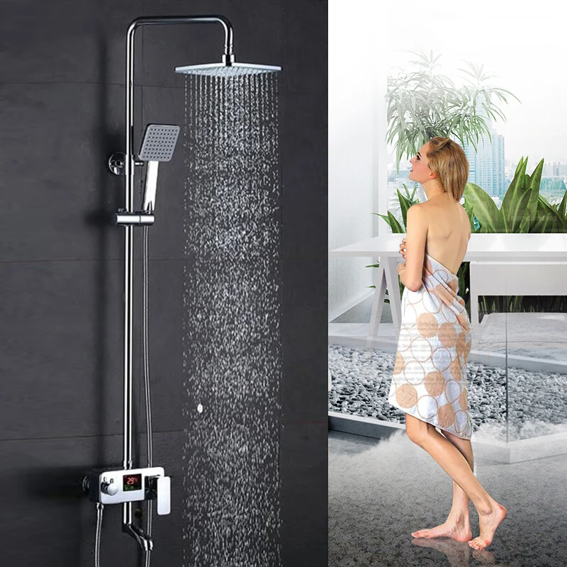 

LED Light Shower Faucet Bathroom Waterfall Rain Black Shower Panel In Wall Shower System Bathroom Furniture Shower Set Mixer HWC