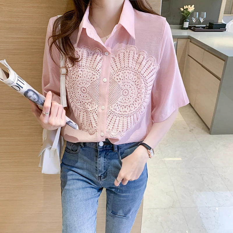 

Women's Shirt Chiffon Blouses for Women Sweet Fashion Hollow Out Shirts Women's Clothing 2021 White Polo Neck Lace Basic Blouse