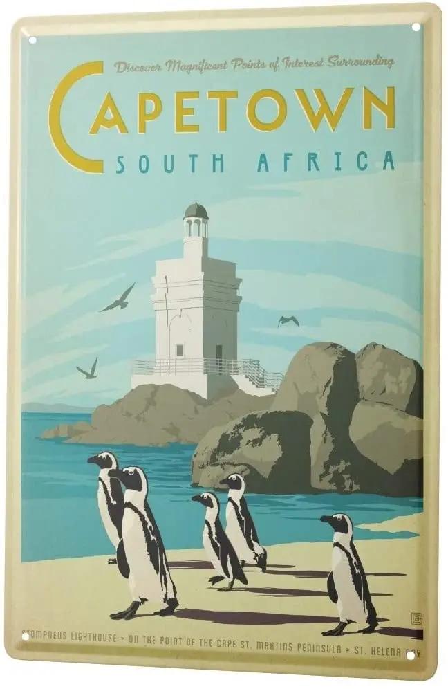 

Tin Sign Metal Plate Decorative Sign Home Decor Plaques World Tour Cape Town South Africa Penguins Lighthouse Beach