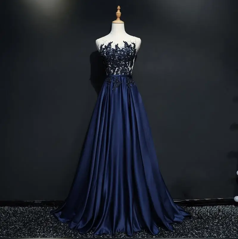 Тёмно-синий Robe De Soiree модные кружевные бисерные сексуальные длинные вечерние платья с открытой спиной для невесты, банкета, элегантные темно-синие вечерние платья для выпускного вечера - Цвет: Тёмно-синий