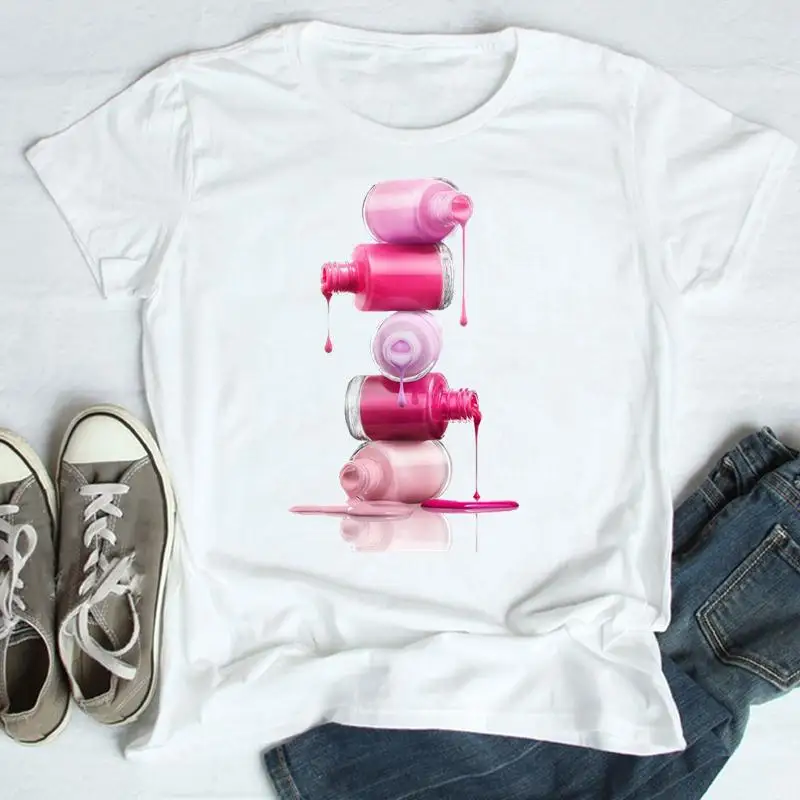 

Tees Women Make Up 3D Cute 90s Trend Printing Graphic Cartoon Print Female Clothes Short Sleeve Tops Tshirt Fashion T-Shirt