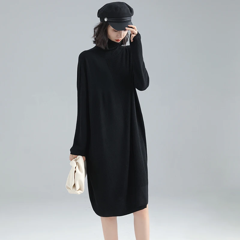 2020 New women knit sweater wool dresses turtleneck solid autumn winter cashmere dress | Женская одежда