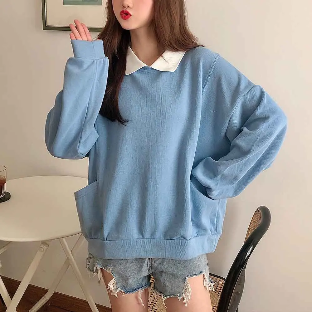 

Lapel Top Solid Color Sweatshirt Fashion Tops Long Sleeve Kawaii Clothes Harajuku Pockets Sweatshirts Spring Summer 2021 Top