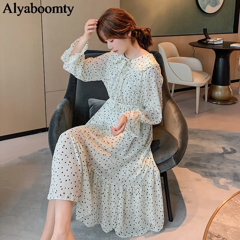 2020 новинка женское нежное миди платье весна осень элегантное в горошек шифоновое