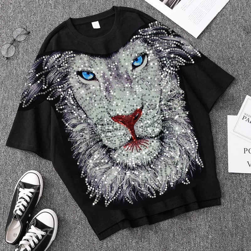 1 Piece Large Sequins Lion Head Embroidered Patch Rock Punk Style For Clothing Accessories Applique Sew On DIY Supplies | Дом и сад