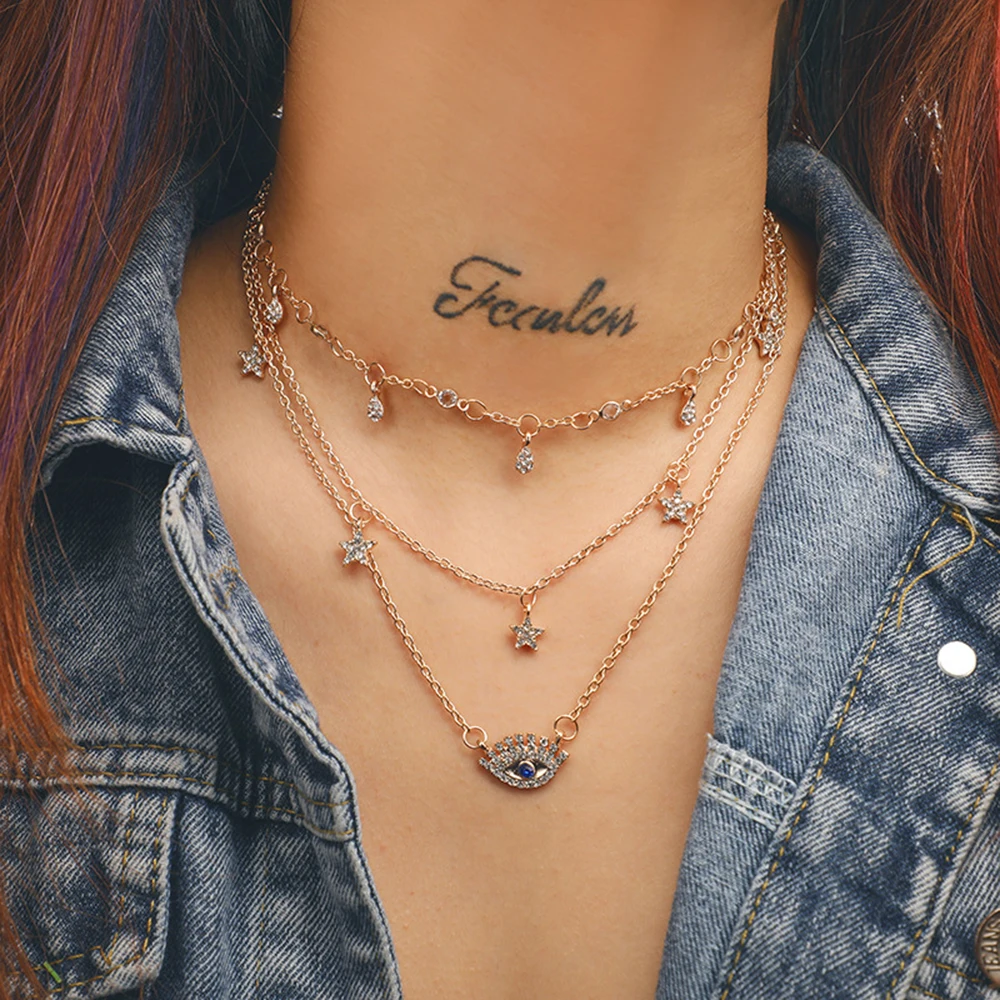 Цепочка с подвеской в виде звёзд и глаз Женская длинное многослойное ожерелье