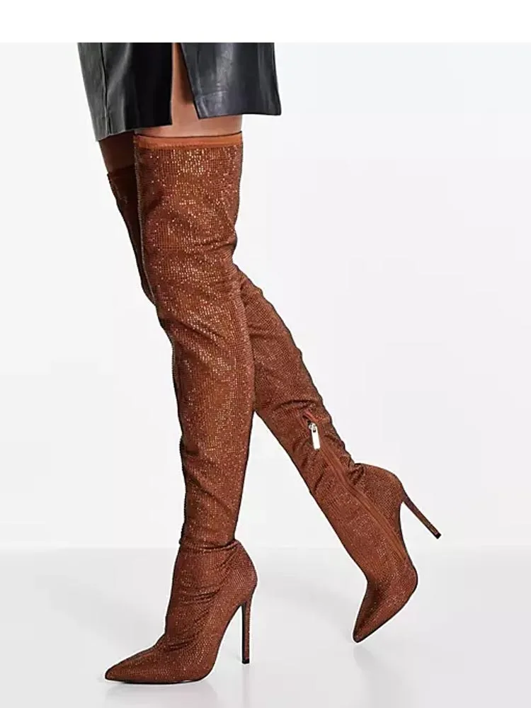 Женские высокие сапоги выше колена до бедра на высоком каблуке 12 см с кристаллами