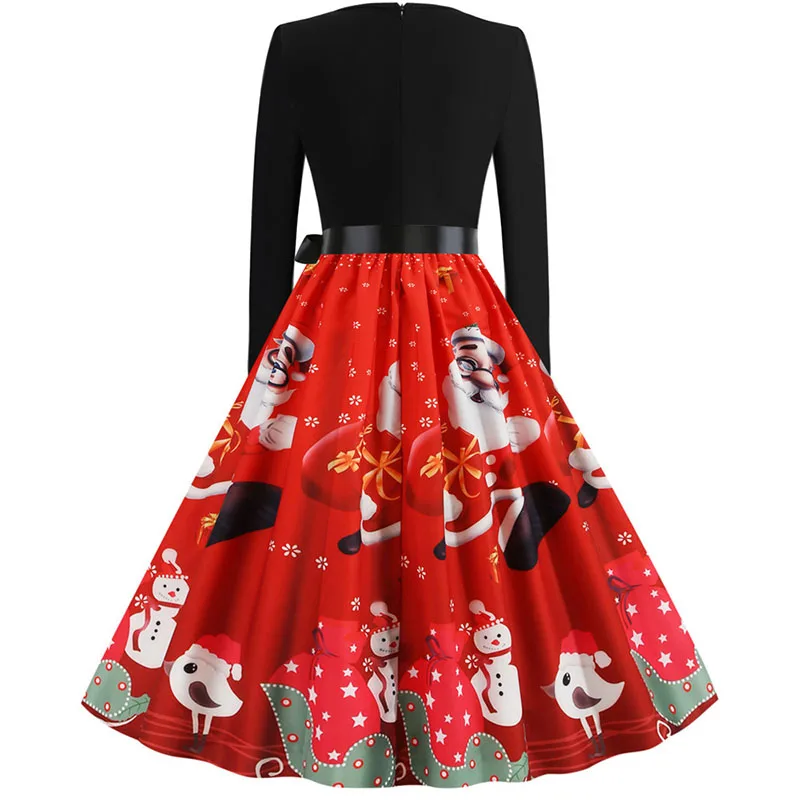 Женское зимнее винтажное рождественское платье с длинным рукавом черное красное