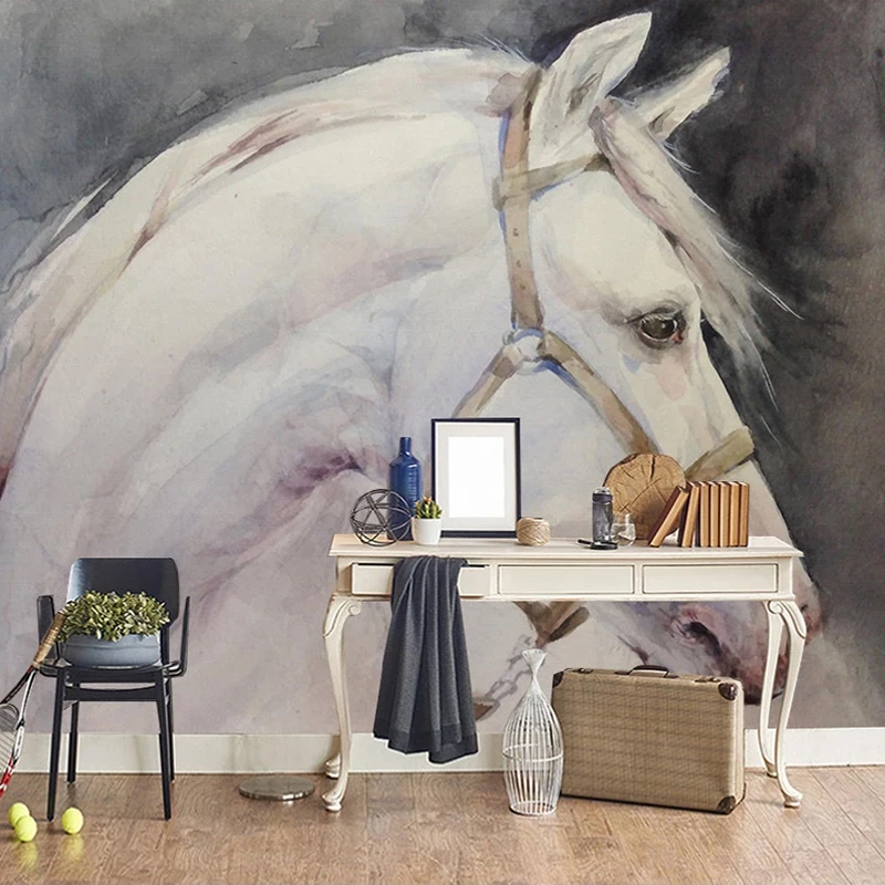 

Custom Photo HD Abstract Hand Painted Oil Painting White Horse Decorative Wall Painting Living Room Sofa Bedroom Mural Wallpaper