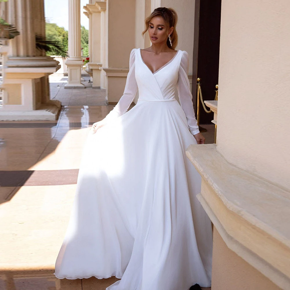 

TIXLEAR Simple Modest Chiffon Beach Wedding Dress Long Sleeves Elegant V-Neck A-Line Open Back For Women 2022 Bridal Gown Cheap