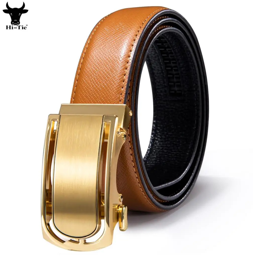 Hi-Tie Luxury Waist Belt Mens Belts Orange Genuine Leather Gold Automatic Buckles Ratchet for Men Dress Jeans Suit Wedding Party