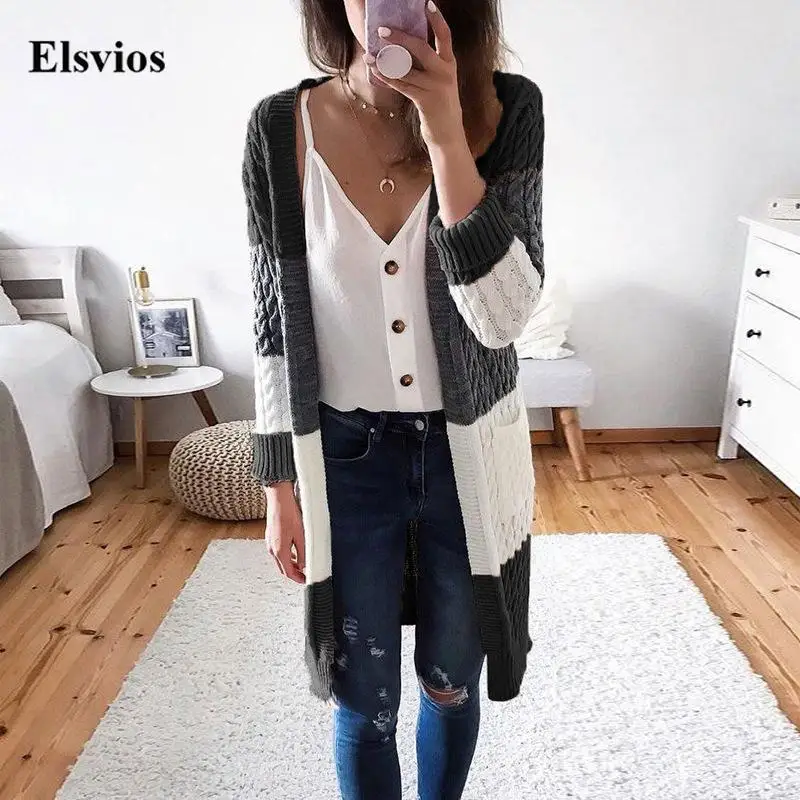 

2021 Autumn Winter Contrast Twist Knitted Sweaters Fashion Lady Pocket knit Tops Women Casual Long Sleeve Long Cardigan Sweater